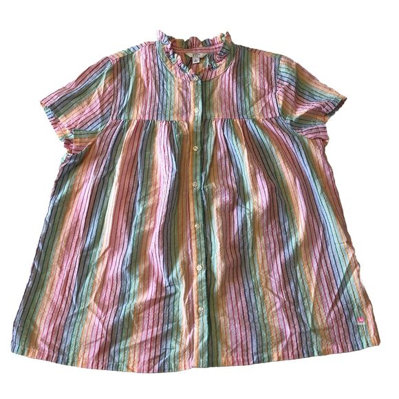 Crown & Ivy Women’s Colorful Striped Short Sleeve High Ruffled Neck Large NWT - Picture 1 of 11